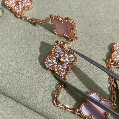 [LUXE NOBLE]CLOVER 10 MOTIFS DIAMOND PINK MOP NECKLACE
