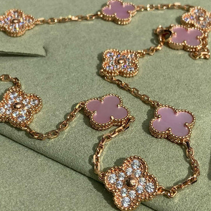 [LUXE NOBLE]CLOVER 10 MOTIFS DIAMOND PINK MOP NECKLACE