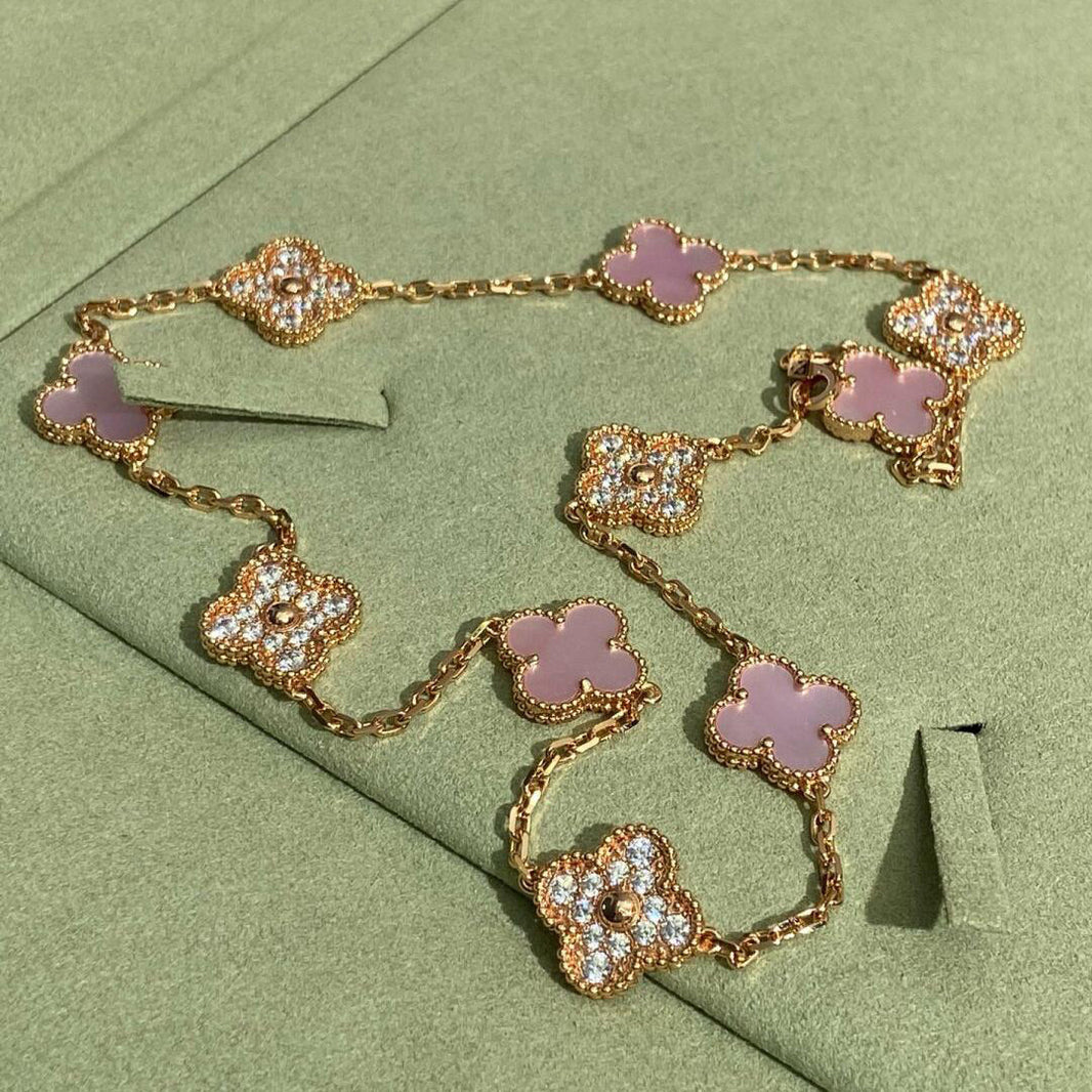 [LUXE NOBLE]CLOVER 10 MOTIFS DIAMOND PINK MOP NECKLACE