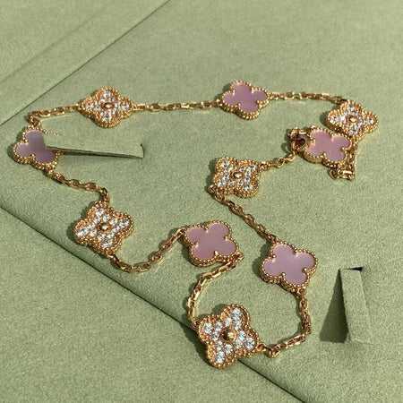 [LUXE NOBLE]CLOVER 10 MOTIFS DIAMOND PINK MOP NECKLACE