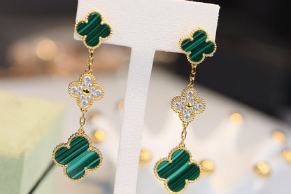 [LUXE NOBLE]CLOVER EARRINGS GOLD MALACHITE DIAMOND 3 MOTIF
