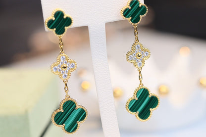 [LUXE NOBLE]CLOVER EARRINGS GOLD MALACHITE DIAMOND 3 MOTIF