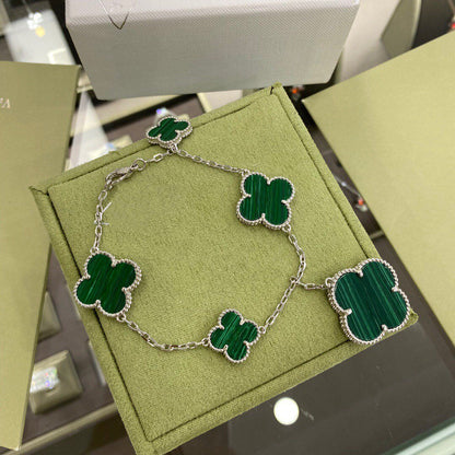 [LUXE NOBLE]CLOVER 5 MOTIFS SIVLER MALACHITE BRACELET