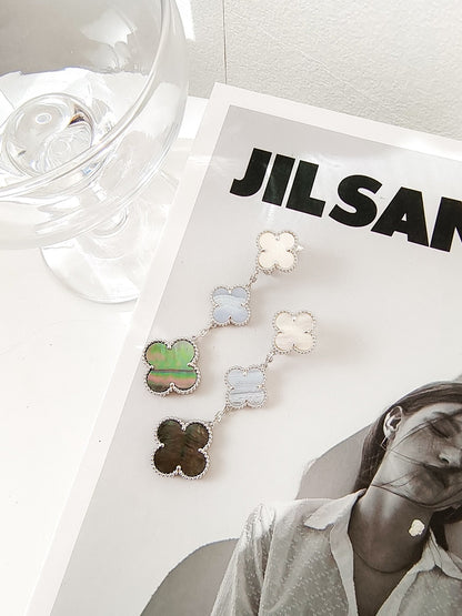 [LUXE NOBLE]CLOVER 3 MOTIFS CHALCEDONY DARK MOP SILVER EARRINGS