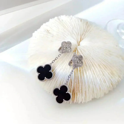 [LUXE NOBLE] Ohrringe mit Kleeblattmotiven, Diamant und Onyx, Silber