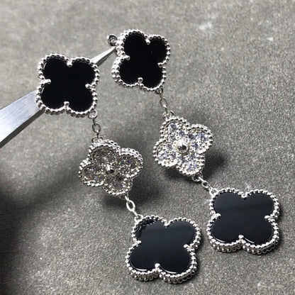 [LUXE NOBLE]CLOVER 3 MOTIF DIAMOND ONYX SILVER EARRINGS