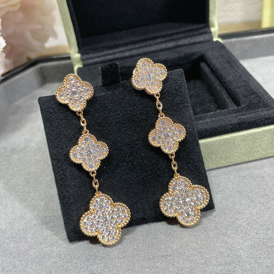 [LUXE NOBLE]CLOVER 3 MOTIFS DIAMOND PAVED ROSE GOLD EARRINGS