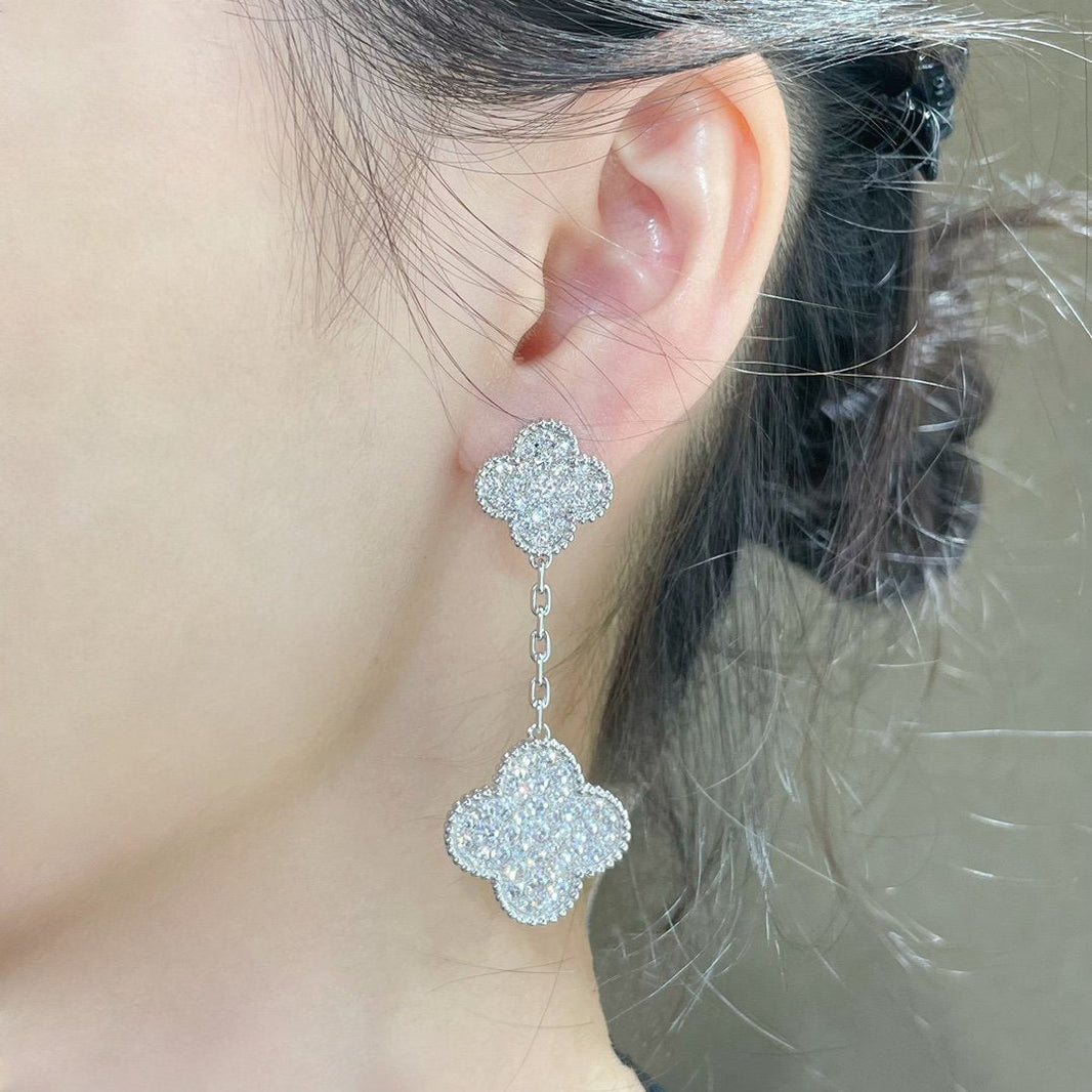 [LUXE NOBLE]CLOVER 2 MOTIFS DIAMOND PAVED SILVER EARRINGS