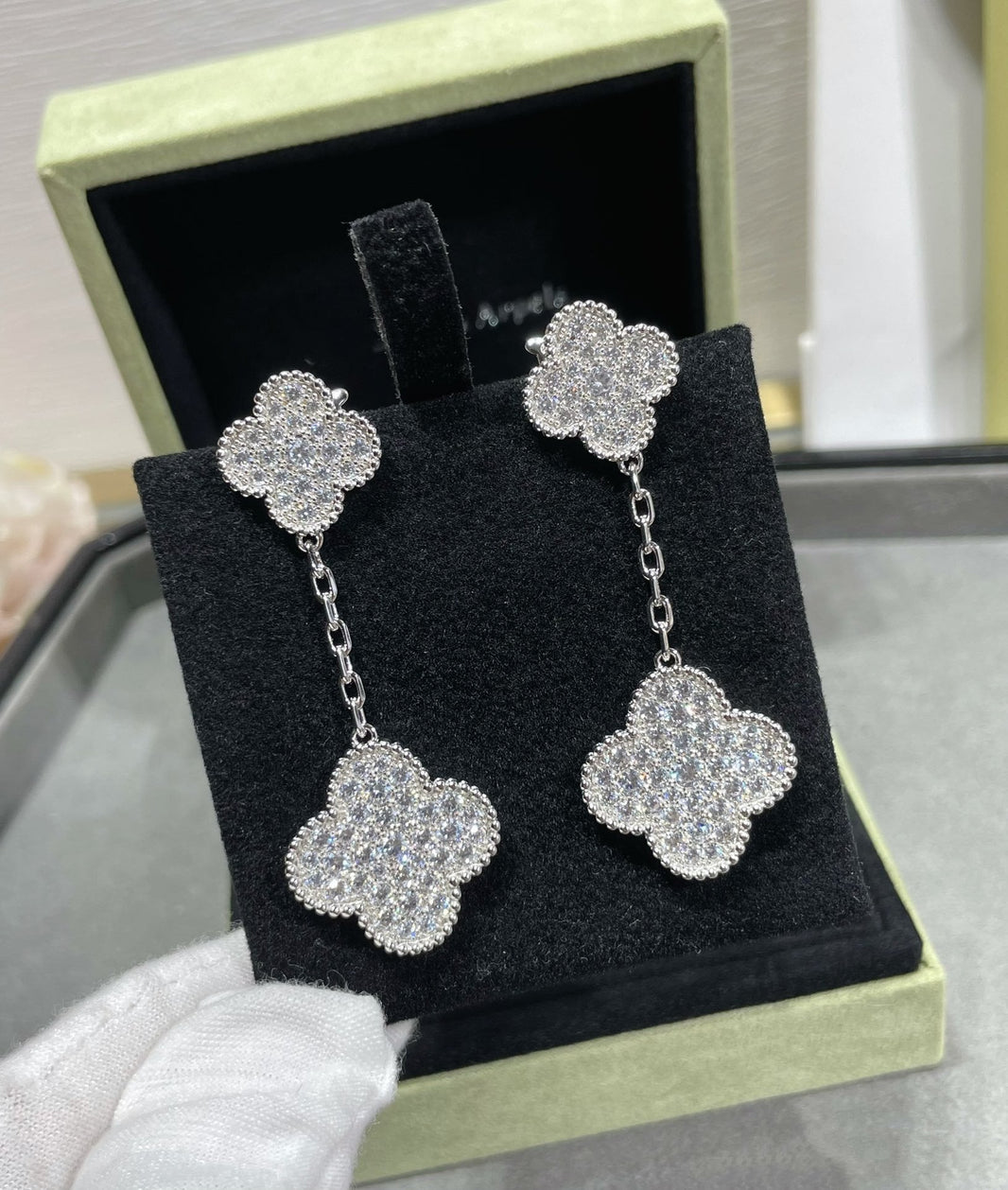 [LUXE NOBLE]CLOVER 2 MOTIFS DIAMOND PAVED SILVER EARRINGS