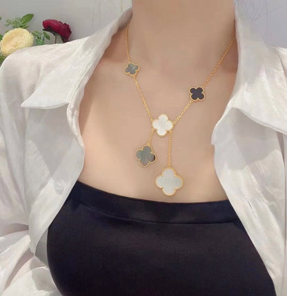 [LUXE NOBLE]CLOVER 6 MOTIF MOP ONYX GOLD NECKLACE