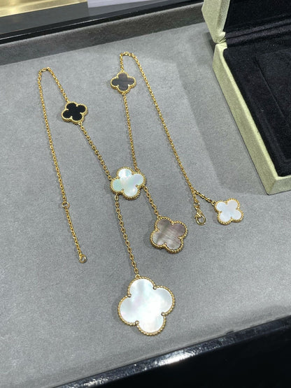 [LUXE NOBLE]CLOVER 6 MOTIF MOP ONYX GOLD NECKLACE
