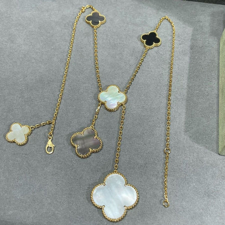 [LUXE NOBLE]CLOVER 6 MOTIF MOP ONYX GOLD NECKLACE