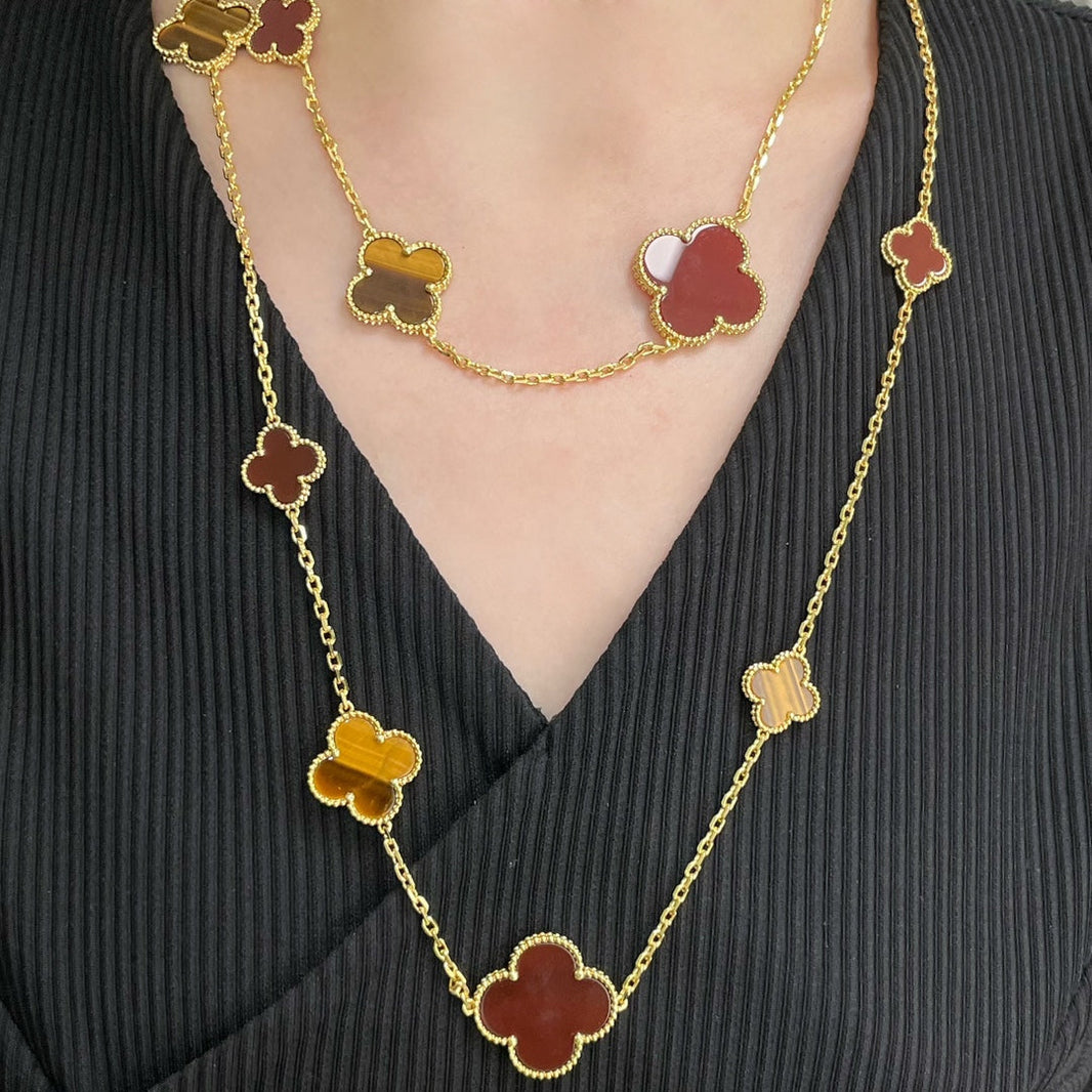 [LUXE NOBLE]CLOVER 16 MOTIF CARNELIAN TIGER EYE ROSE GOLD NECKLACE