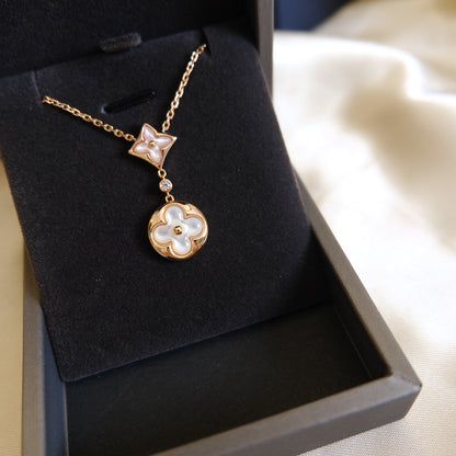 [LUXE NOBLE]STAR AND SUN WHITE MOP 2 MOTIF PINK GOLD NECKLACE