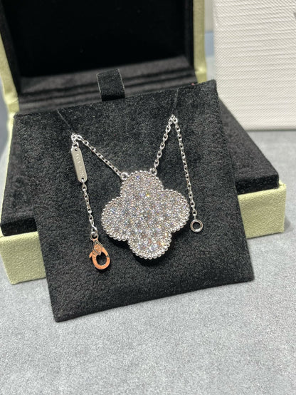 [LUXE NOBLE]CLOVER 25MM LARGE PENDANT DIAMOND PAVED SILVER NECKLACE