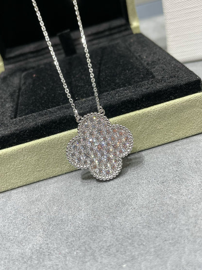 [LUXE NOBLE]CLOVER 25MM LARGE PENDANT DIAMOND PAVED SILVER NECKLACE