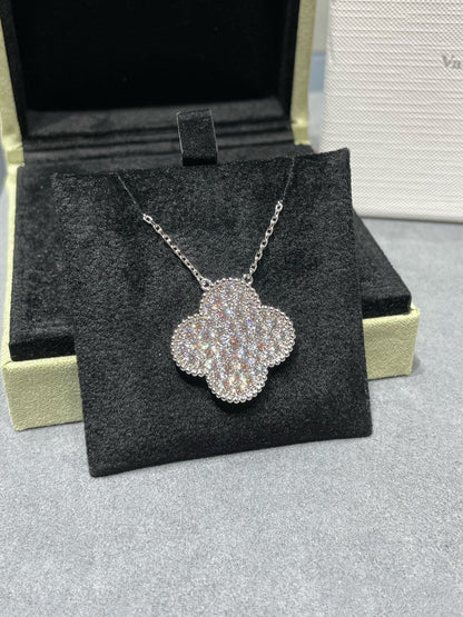 [LUXE NOBLE]CLOVER 25MM LARGE PENDANT DIAMOND PAVED SILVER NECKLACE