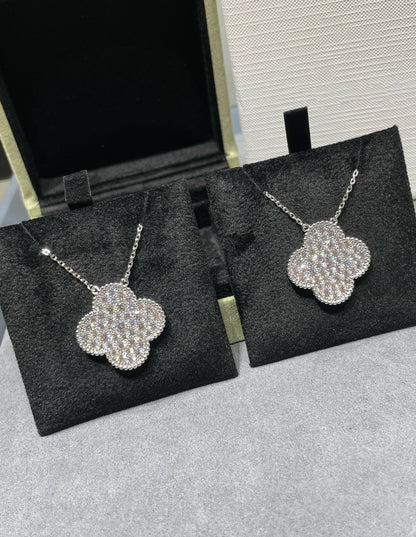 [LUXE NOBLE]CLOVER 25MM LARGE PENDANT DIAMOND PAVED SILVER NECKLACE