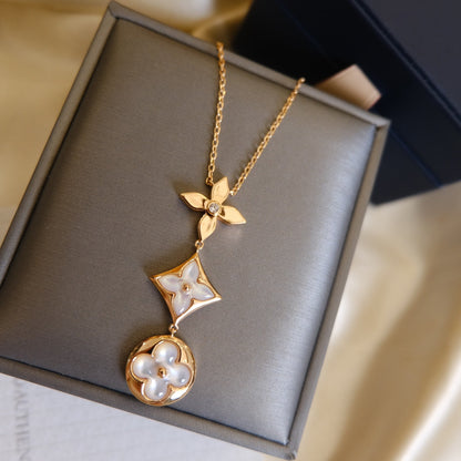 [LUXE NOBLE] COLOR BLOSSOM LARIAT-HALSKETTE, ROSA GOLD, WEISSES PERLMUTT UND DIAMANT