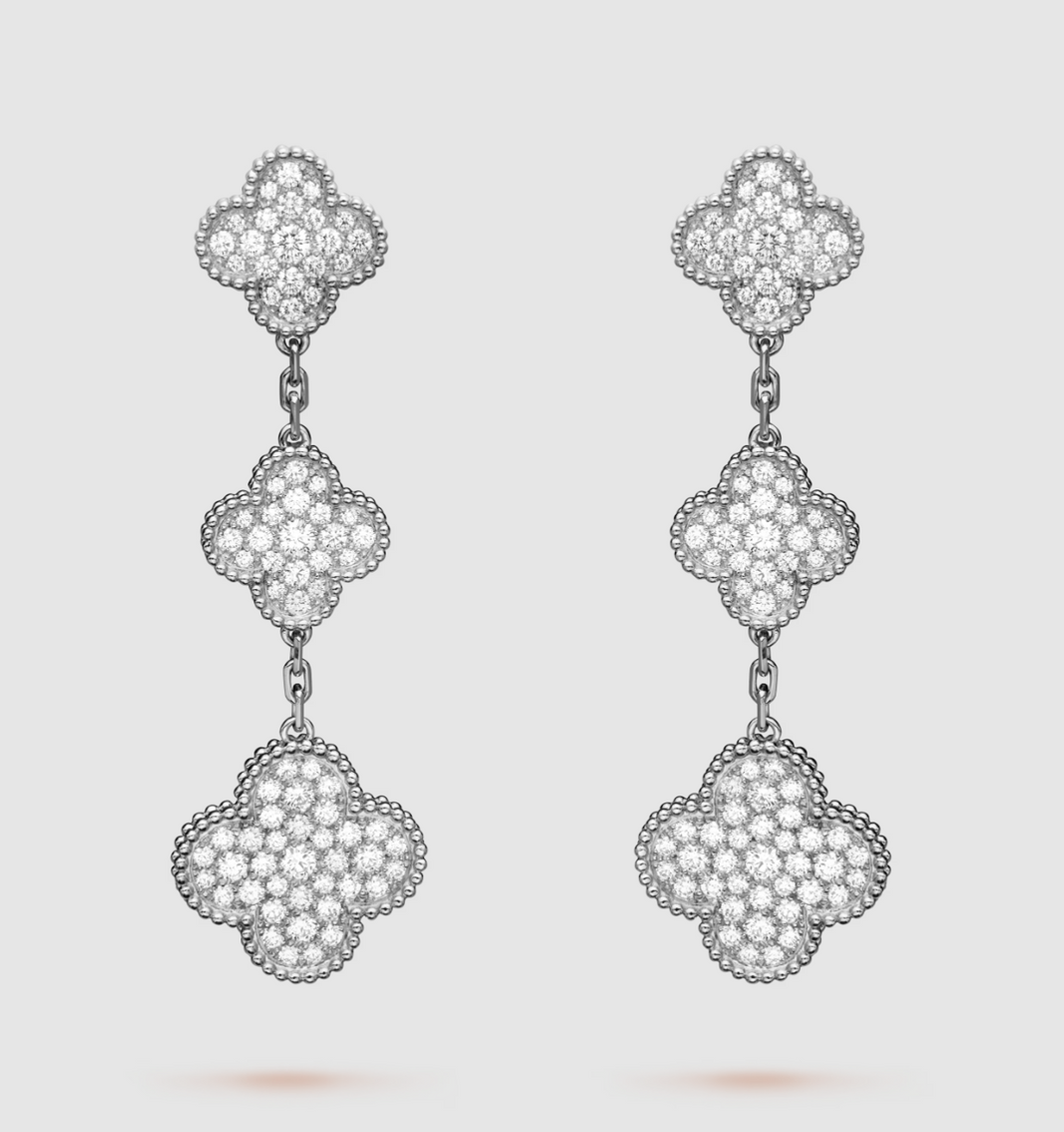 [LUXE NOBLE]CLOVER 3 MOTIF DIAMOND SILVER DROP EARRINGS