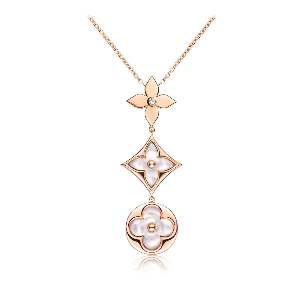 [LUXE NOBLE]COLOR BLOSSOM LARIAT NECKLACE PINK GOLD WHITE MOTHER PEARL AND DIAMOND