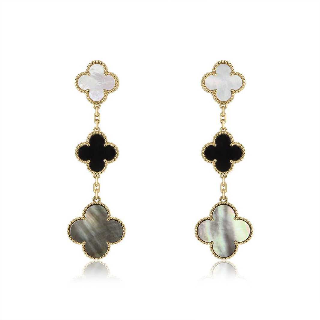 [LUXE NOBLE]CLOVER EARRINGS GOLD ONYX MOP 3 MOTIF